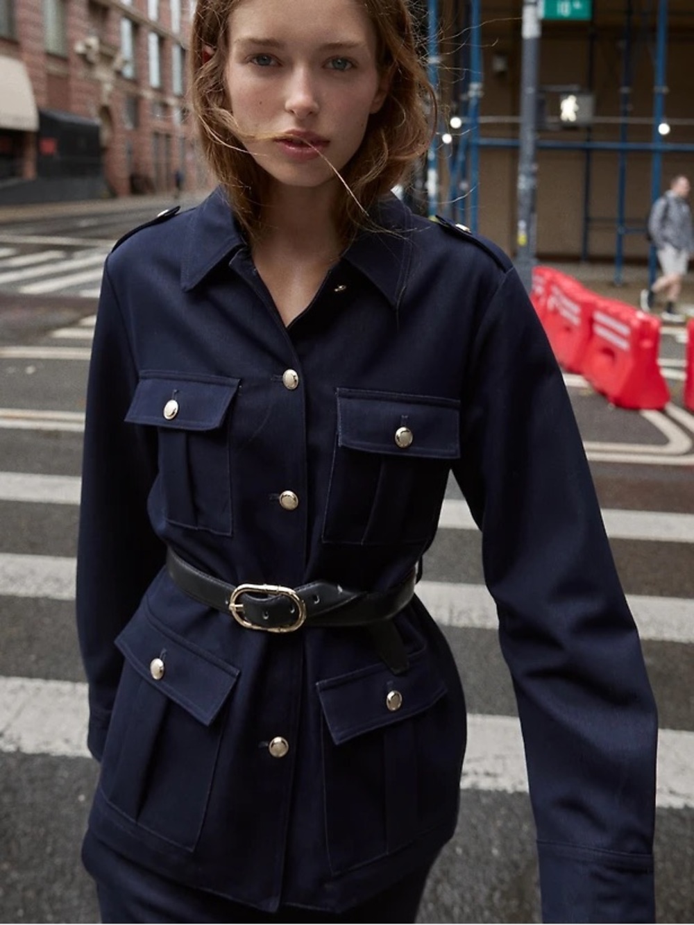 NWT. Zara Navy Blue Denim Belted Military Jacket with Gold Buttons. Size XS.
